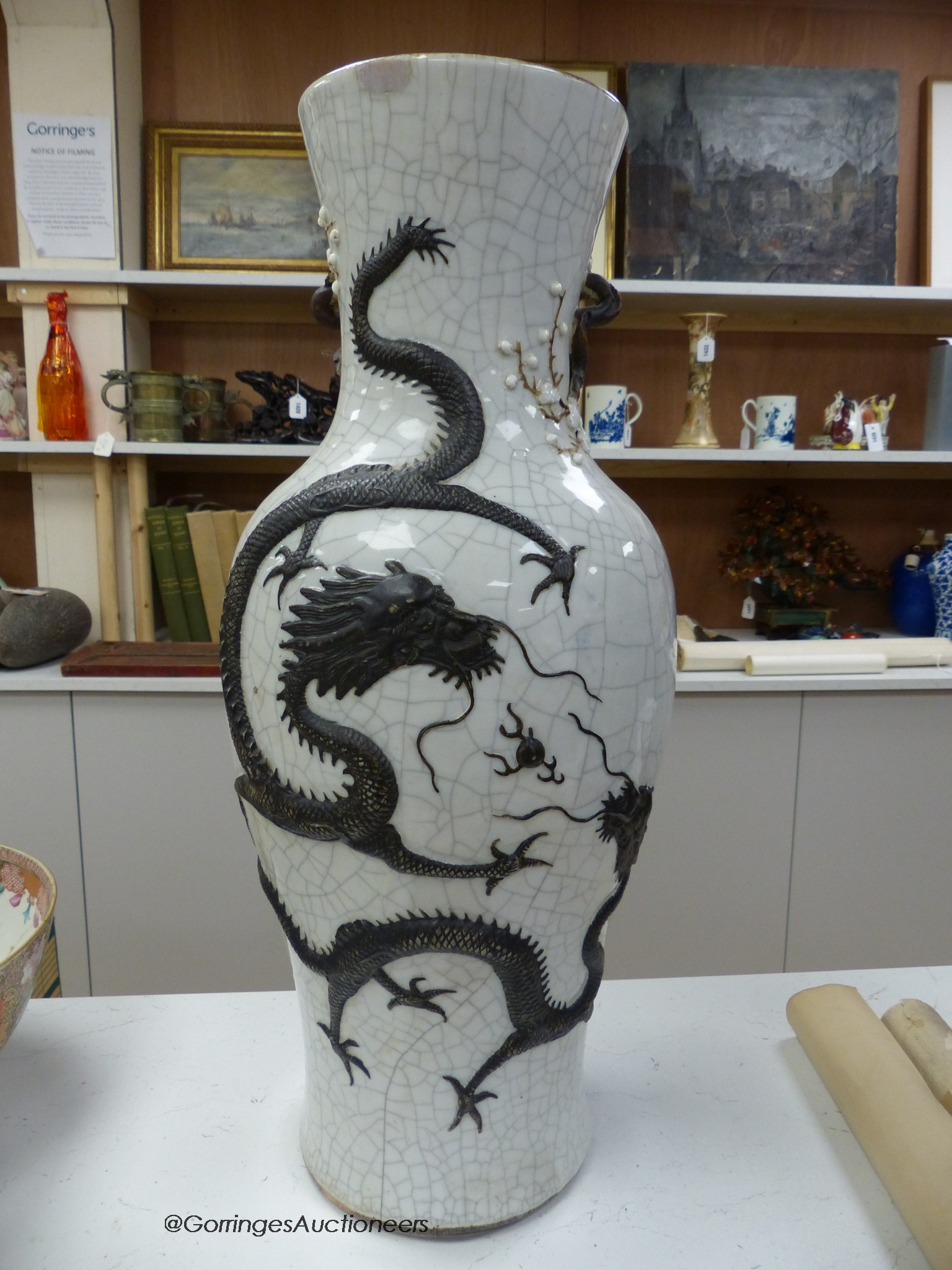 A massive Chinese crackle glaze vase, early 20th century, with dragons, phoenix and blossom, height 61cm